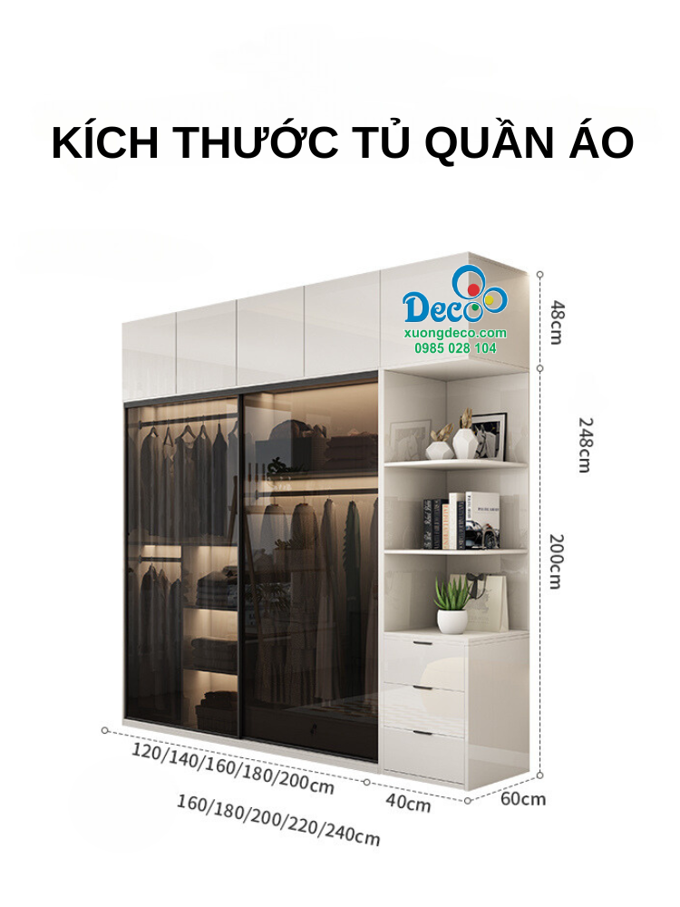 Kích thước tủ áo cánh kính