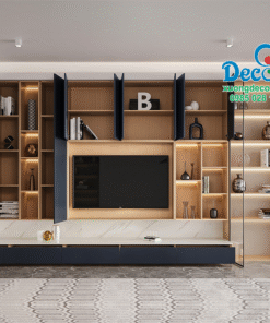 Tủ vách kệ tivi kết hợp tủ trang trí cánh kính