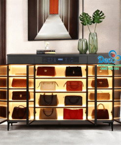 Tủ trưng bày cánh kính sang trọng kết hợp máy sấy chăm sóc túi xách tay hàng hiệu