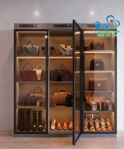 Tủ trưng bày giày hiệu và túi xách tay hàng hiệu có máy sấy