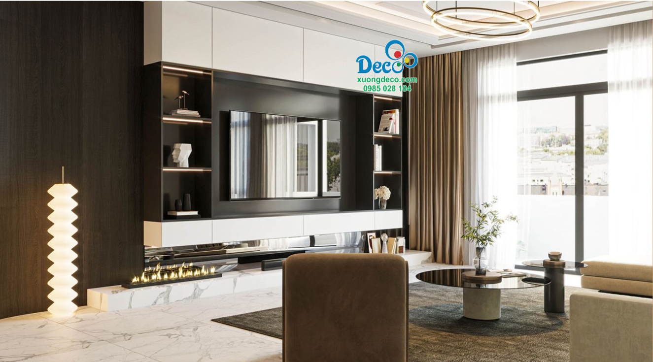 Thiết kế vách tivi kết hợp tủ trang trí