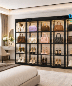 Tủ nhôm kính 4 bề thiết kế dành riêng để trưng bày và bảo quản đồ hàng hiệu