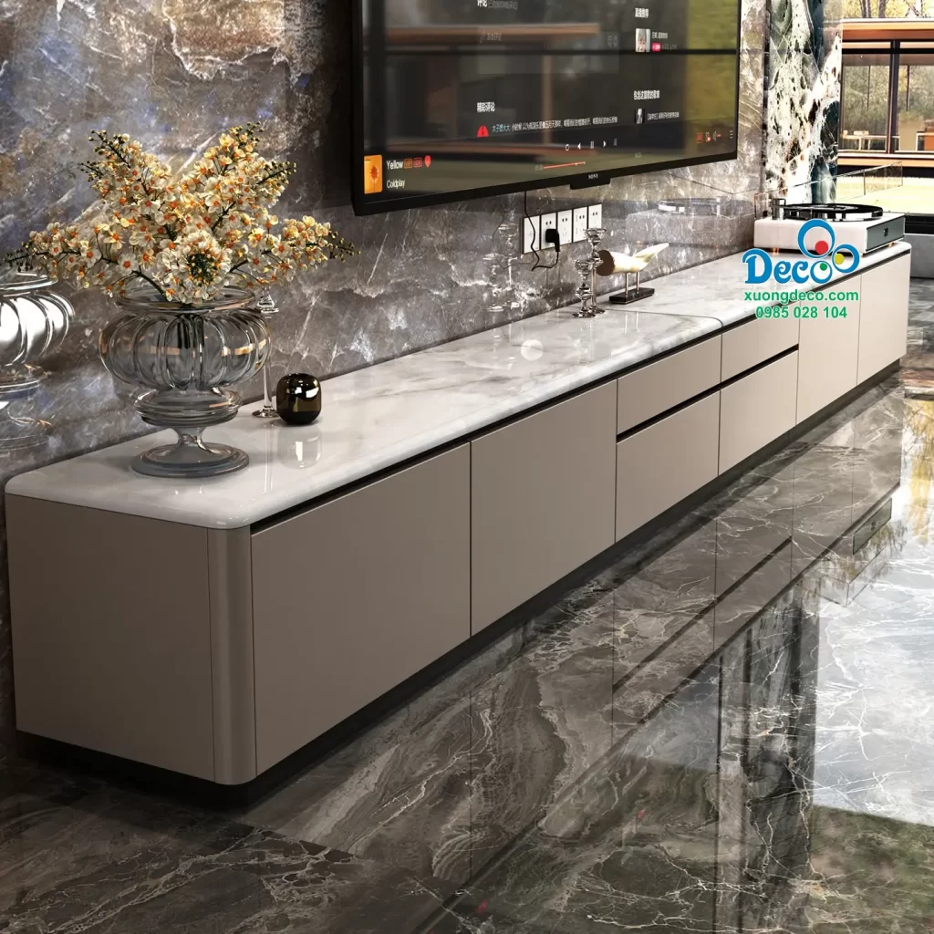 Thiết kế kệ tivi để sàn có khoang kỹ thuật giấu dây điện