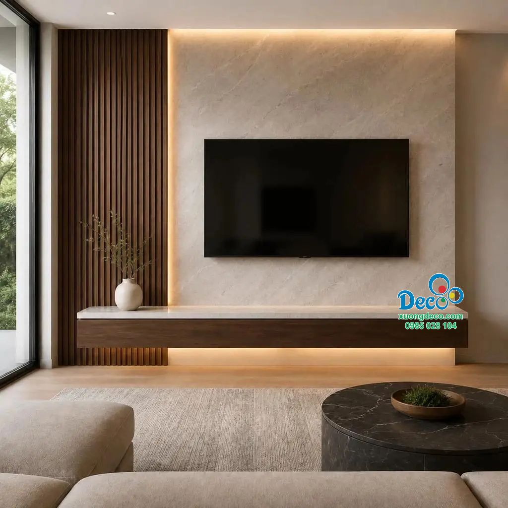 Kệ tivi kết hợp đèn led âm tủ tạo điểm nhấn phòng khách