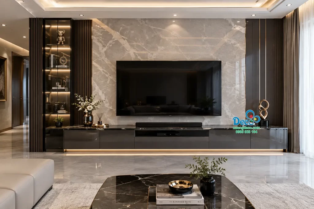 Kệ tivi kết hợp vách ốp tạo bố cục hài hòa