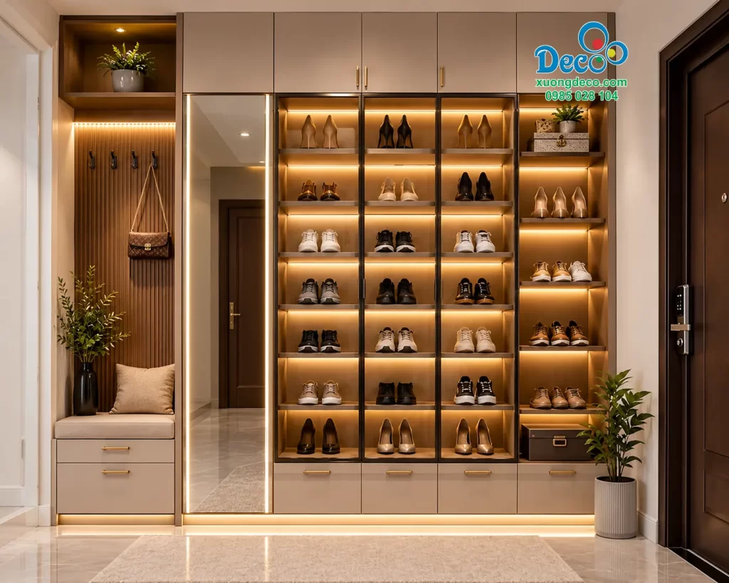 Mẫu tủ giày cao cấp Deco có tích hợp ghế ngồi thay giày và gương soi