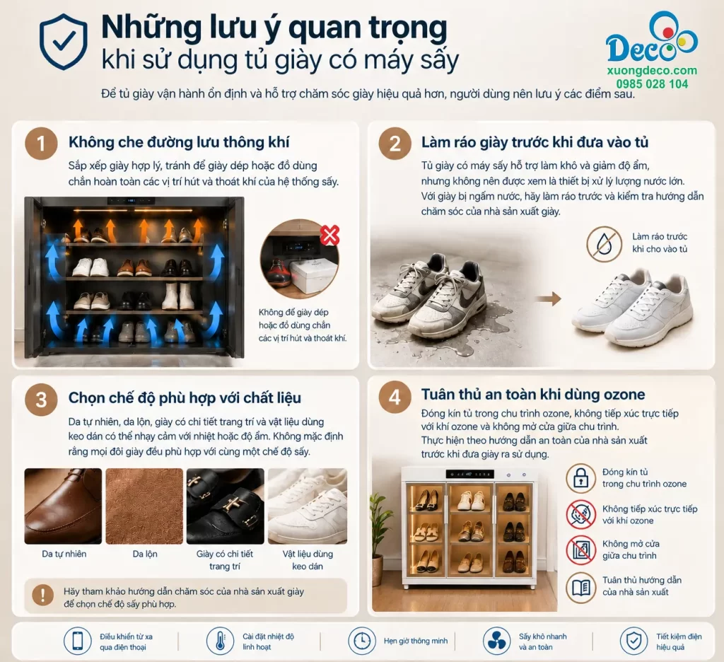 Những lưu ý khi sử dụng tủ giày máy sấy Deco