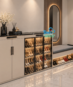 Tủ giày DMS57 khung nhôm Anode kết hợp cánh kính trà cường lực