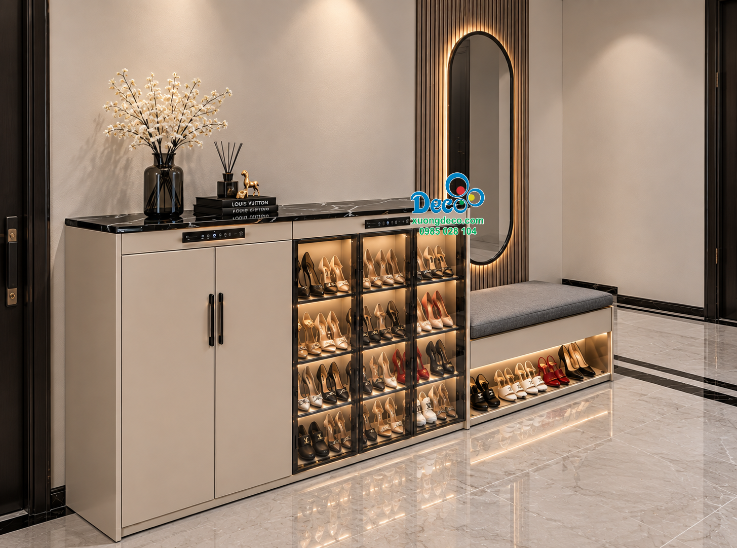 Tủ giày DMS57 khung nhôm Anode kết hợp cánh kính trà cường lực