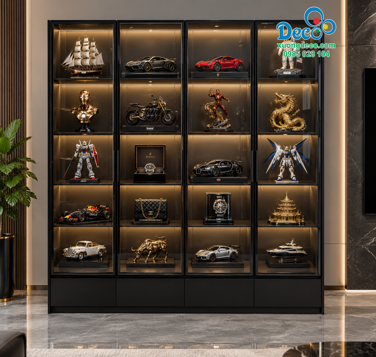 Tủ trưng bày bộ sưu tập Lego TTB44 khung nhôm đen cánh kính