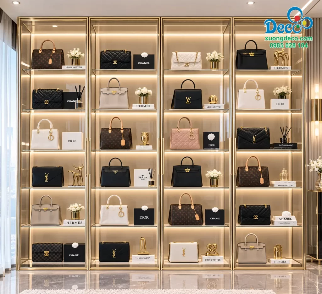 Tủ trưng bày túi xách được Deco thiết kế chia khoang theo kích thước túi