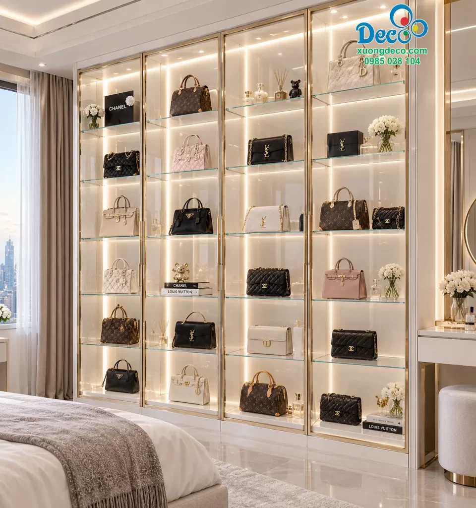 Tủ trưng bày túi xách đồng bộ với phong cách phòng thay đồ